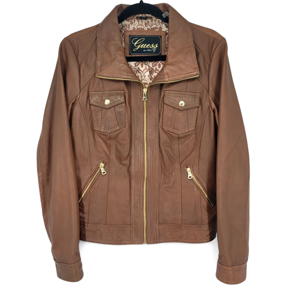 Guess Brown Leather Jacket Size Large – Moto Zip Style